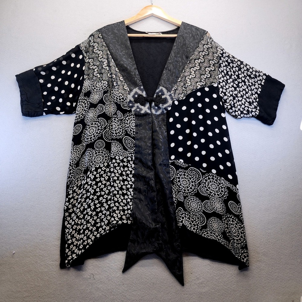 Sterling Styles Artsilk Patchwork Kimono Jacket VTG Black White Mixed Boho OS